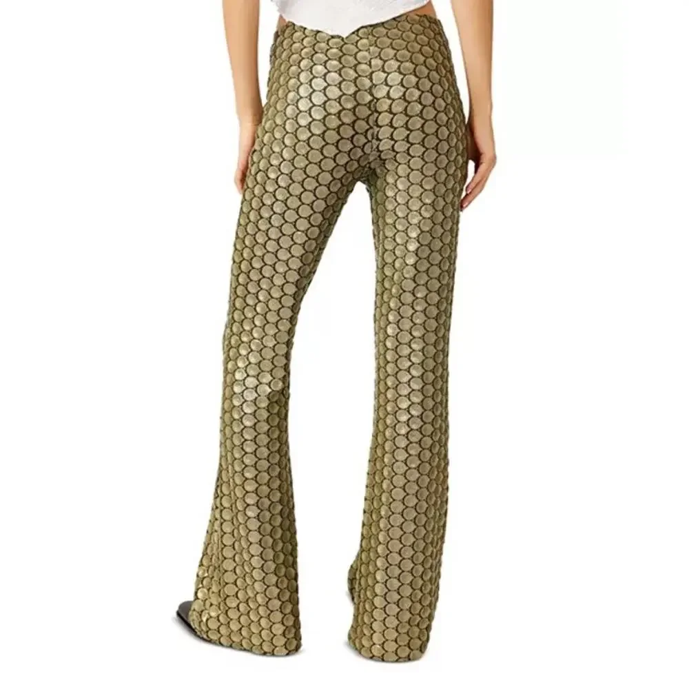 FREE PEOPLE Wilder Days Sequined Flared Pants in Olive Size 10 New MSRP $198